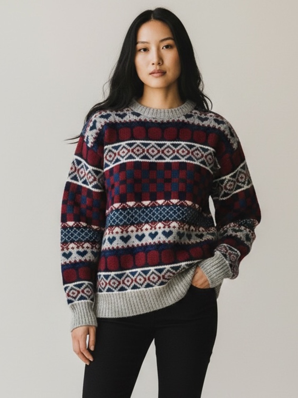 Vintage Fair Isle Wool Sweater With Heart and Checkerboard Pattern XL